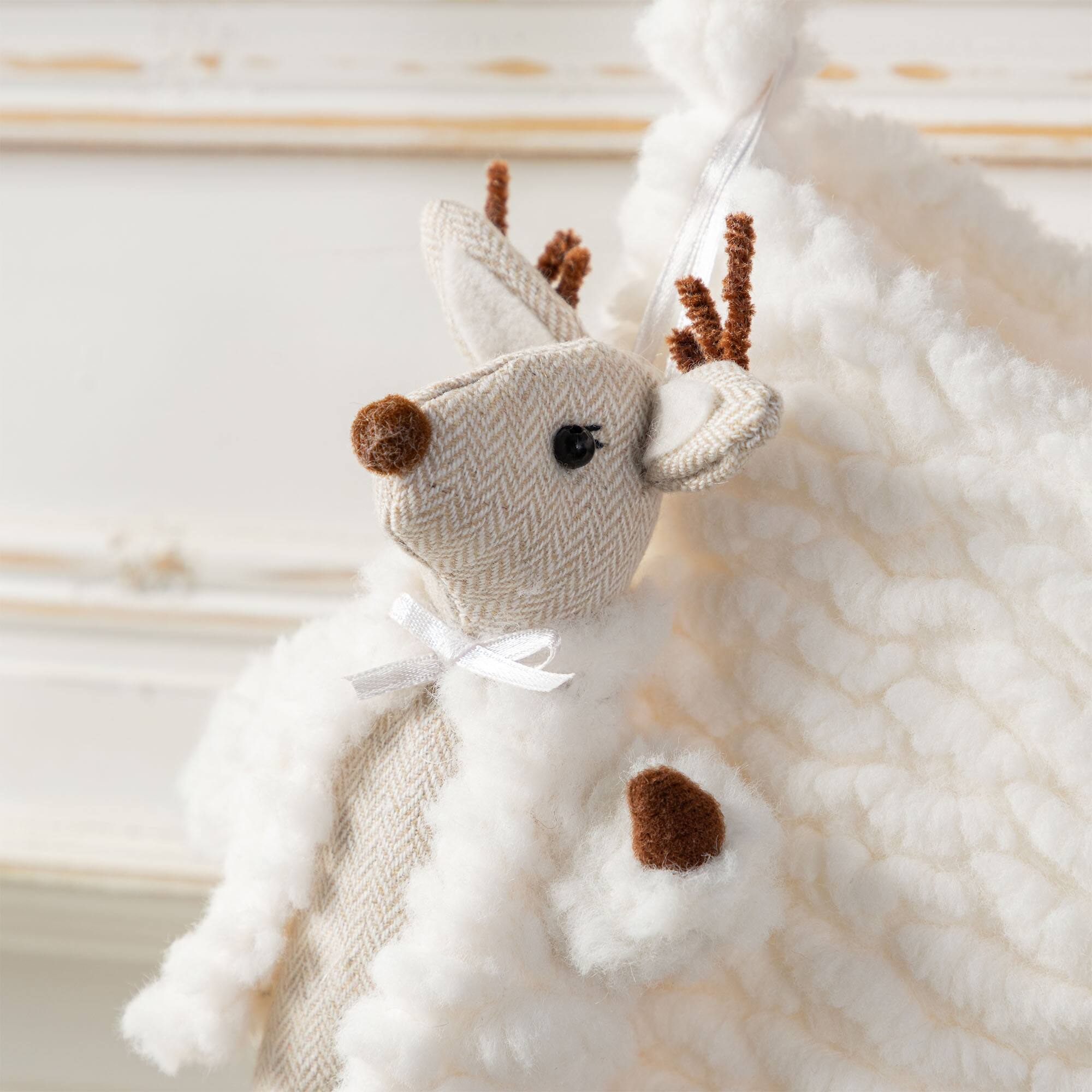 Glitzhome® 21"L White Plush Christmas Stocking with Reindeer Ornament